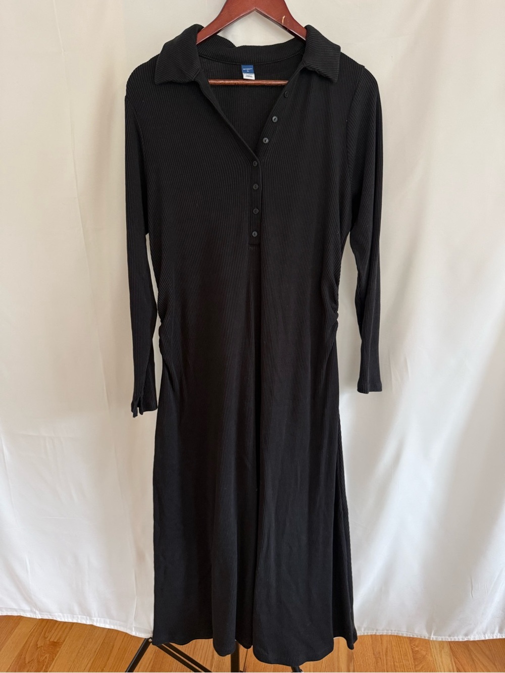Black Maternity Long Sleeve Ribbed Collared Dress